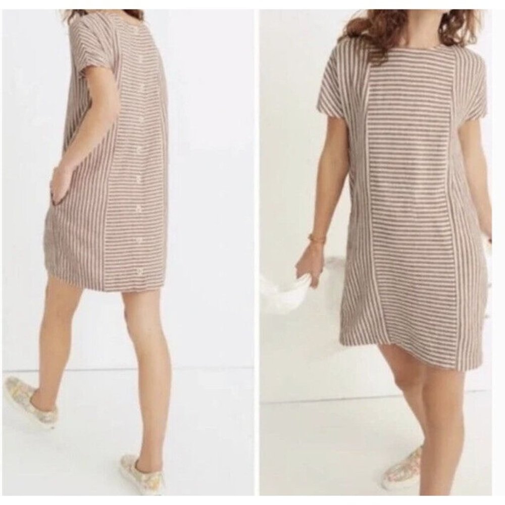 Madewell S Red White Stripe Play Button Back Linen Blend Shift Mini Dress G5305